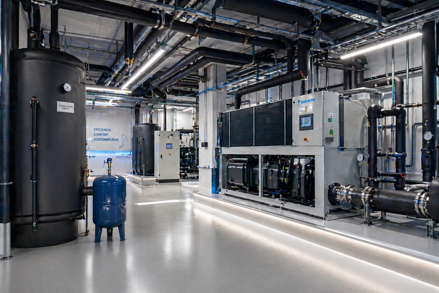 Sala de máquinas industrial: chillers, depósitos y red de tuberías